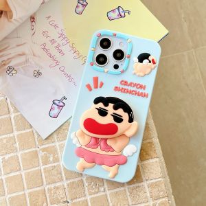 เคสโทรศัพท์ซิลิโคนเหลวนวัตกรรมการยืดหดได้รูปนางฟ้าดินสอสีชินจังพร้อมสายคล้องสำหรับ iPhone 11 12 13 14 15 16ซีรีส์