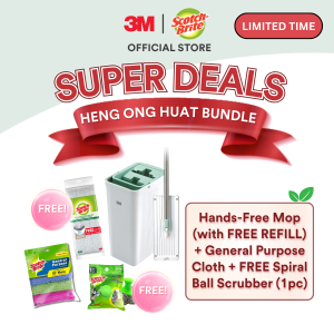 [Super Deals - Heng Ong Huat Bundle] 3M™ Scotch-Brite™ Hands-Free Mop + FREE Refill + Multipurpose Cloth + FREE Scrubber