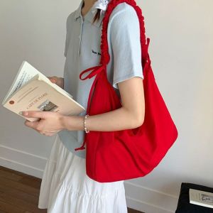 LANGJ สีพื้น กระเป๋าสะพายไหล่แบบพับ ความจุขนาดใหญ่ ง่าย กระเป๋าใต้แขน ลำลอง นักเรียน กระเป๋าสะพายข้างไนลอน ผู้หญิง