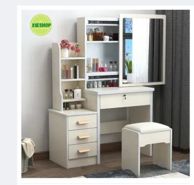 XIE-JS SHOP Modern Dressing Table Stool Bedroom Vanity Dresser Set Makeup Drawer Lock Desk with Mirror and 4 Drawers