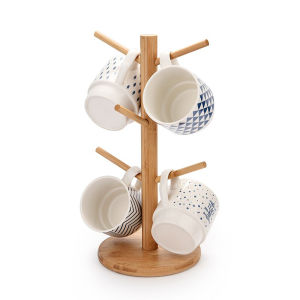 L&L Mug Wooden Tree Rack Cup Holder Hanging Japanese Style 6 Hook Shelves Coffee Kitchenware Organiser Tempat Penyangkut Cawan Kayu