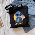 Cute Stitch Printed Canvas Tote Bag Casual Black Shoulder Shopping Handbag. 