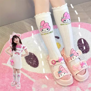 Sanrio My Melody ถุงเท้า Kawaii ถุงเท้าเข่าเด็กการ์ตูนผ้าฝ้ายหญิงฤดูใบไม้ผลิและฤดูร้อนถุงน่องของขวัญเด็ก