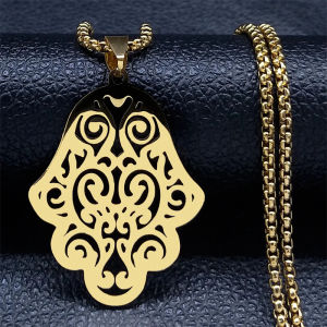 [Charmstone]Fatima Hand Charm สร้อยคอผู้หญิง/ผู้ชายสแตนเลสสีทองอาหรับ Hamsa สร้อยคอเครื่องประดับอิสลาม Mano De Fatima N4611