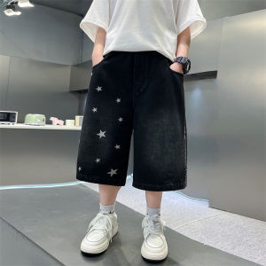 Kids Vintage Black Denim Shorts For Boys Casual Summer Shorts Teenager Children Retro Straight Knee-Length Printing Jeans Pants