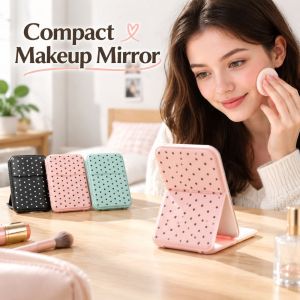 LONGB Mini Gương trang điểm Họa tiết chấm bi. Da PU Gương trang điểm di động Di động Có thể gấp lại. Gương bỏ túi Sử dụng trên máy tính để bàn.