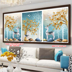 (mẫu Hot MN0145) Tranh thêu kín Hươi nai tài lộc ngọc bích kích thước lớn 165x80 cm