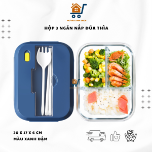 Hộp Cơm Thủy Tinh 1L 3 Ngăn Kèm Muỗng Đũa Inox - Chịu Nhiệt Chống Tràn Có Giá Để Điện Thoại - Mang Cơm Văn Phòng