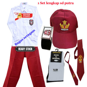 Set Lengkap Seragam SD Laki2 Lengan Panjang Lengkap+Topi+Dasi SD+Sabuk+Kaos Kaki SD