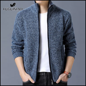 Mens Sweater Loose Cardigan Casual Woolen Sweater  Autumn and winter plus velvet Mens Stand Collar Jacket