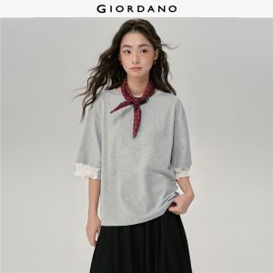Giordano Women Patchwork cuff short sleeve tee Free Shipping 18325820