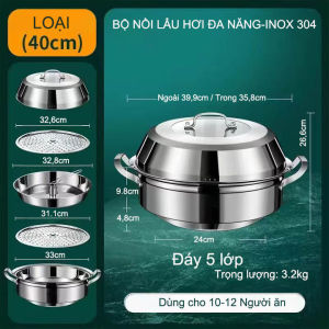 Bộ nồi lẩu hơi nồi hấp đa năng thế hệ mới inox 304 D36-40cm tùy chọn đáy 5 lớp dày dặn dùng được cho bếp từ