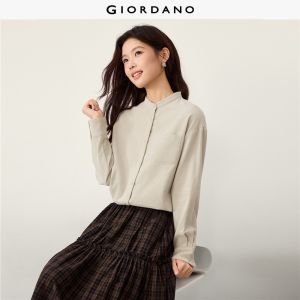 Giordano Women Cotton corduroy band collar long sleeve shirt Free Shipping 05346869