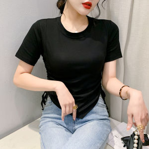REHIN Womens top Summer Short-Sleeved T-Shirt with Irregular Hem and Slimming Drawstring Design S-3XL slim fit blouse