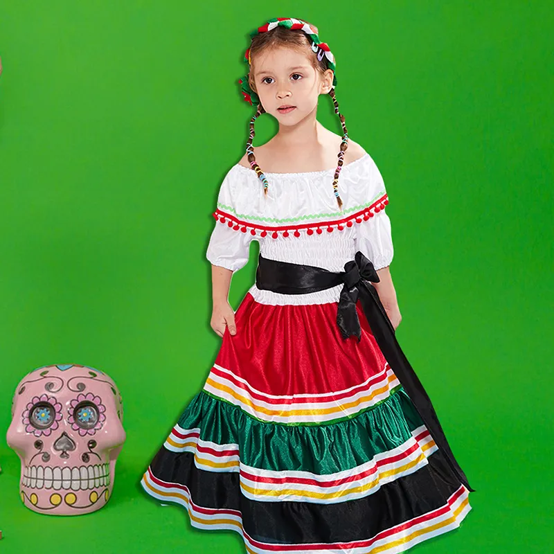 lily'sshop Kids Girls Halloween Costume Traditional Mexican Dress with Belt  and Cute Headband for Toddler Party Cosplay Outfit
