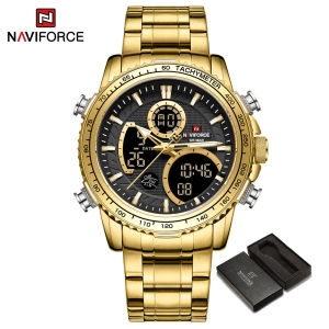 NAVIFORCE Original Man Watch Dual Display Digital Waterproof Watch Casual Outdoors Stainess Steel Strap Watches with Chronograph Alarm Date