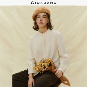 GIORDANO Women Shirts 100% Cotton Embroidered Placket Shirts Ruffle Band Collar Fashionable Casual Oversized Shirts 18345706