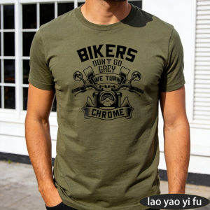 [Local Stock] HBESTY  Bikers Dont Go Grey We Turn Chrome Motorcycle Handle Quote Men Summer Cotton T Shirt Biker Retro Badge Short Sleeve Garment