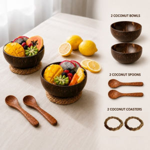 6PCS Natural Coconut Bowl Set with Spoon & Base Salad Oatmeal Reusable Coconut Shell Home Tableware