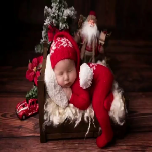 Newborn Baby Photo Props Infant Christmas Hat and Jumpsuit Outfit Santa Claus Crochet Photography Clothing Accessories