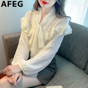 AFEG Korean V-neck ruffled bow fashion loose temperament chiffon long-sleeved blouse for women