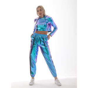 womens shiny faux leather pants golden loose long sleeve hooded Tops set hip-hop jazz dance Performance Wear