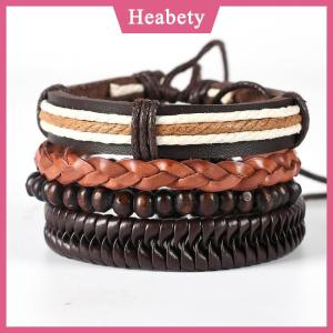 Heabety Bộ vòng tay da bện quấn cổ tay cho nam phong cách vintage hạt gỗ trang trí hình lông vũ và bánh lái vòng đeo tay dân tộc bộ lạc dây thừng.