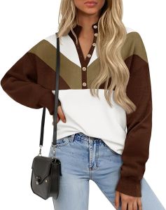 Saodimallsu  Womens Color Block Sweater with Button Collar Long Sleeve Knitted Henley Shirt Loose Casual Pullover Top