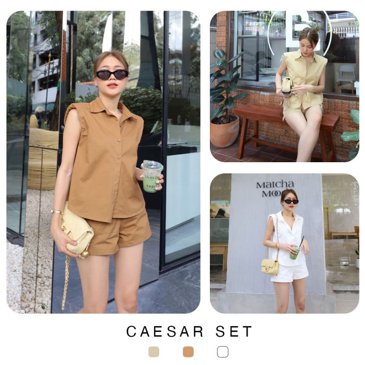 Caesar set - ชุดเซ็ท2 ชิ้นผ้าคอตตอน ไหล่เสริมฟองน้ำ ใส่เที่ยว ทำคอนเท้น ...