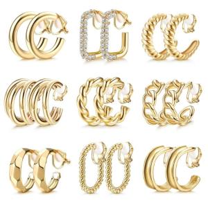 Set of 9Pairs Sophisticated Gold Clip On Earrings Pairs Stylish Dumpy Hoops Ear Clip Charm for Women Fashion