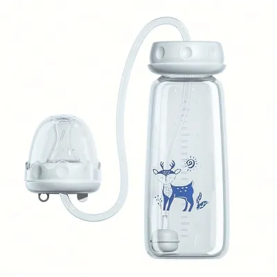 MUSASI Normal-Neck Hands-Free Baby Bottle 8oz/240ml with Straw Brush Feeding Bottle Set Creative Gravity Ball Milk Storage Bottle for babies 3 months+