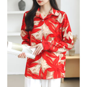 AMMIN 2025 Spring and Autumn new simple lapel fashion vintage floral print long sleeve red chiffon shirt womans Korean style single-breasted commuter elegant blouse