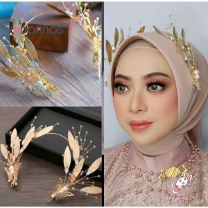 YADORNOS Tiara Rambut Pernikahan Daun Emas Berlian Imitasi Aksesori Gaun Pengantin Elegan