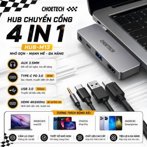 Hub Chuyển Cổng Type C 4 in 1 thông minh đa năng OMNIDOCK™ 4K PRO CHOETECH HUB-13 HDMI 4K@60Hz PD Type C 60W USB 3.0 AUX 3.5mm Cho iPad Laptop MacBook