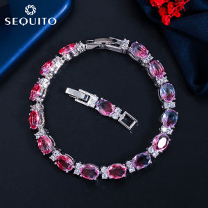 SEQUITO Womens Fashion Rainbow Mystic Bangle Jewelry Pave CZ Setting White Gold Plated Oval Charm Bracelet B087