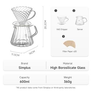 Simplus Pour Over Coffee Maker V60 Coffee Dripper High Borosilicate Glass Ripple 600mL Ripple Server Vortex Pattern Design