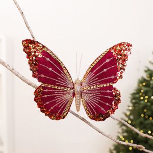 ZYJC Glitter Velvet Christmas Butterfly Ornament Clip-On Flocked Xmas Sequin Faux Butterfly Multi-color Fabric Art Butterfly Tree Pendant Xmas Tree Decor