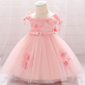 ali9 Baby Baptism Gown Tulle Tutu Dress Baby Beaded Flower off-the-Shoulder Gown Bow Girls Gown