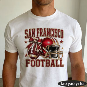 [Local Stock] HBESTY  San Francisco Football Red Glitter Helmet Bow Graphic Men Summer Cotton T Shirt Football Fan Coquette Short Sleeve Casual Top