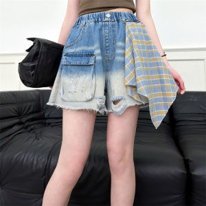 Girls Denim Shorts Kids Fashion Patchwork Plaid Short Jeans New Fashion Streetwear Hip Hop Trousers Short Pants Teenage 5-14Year