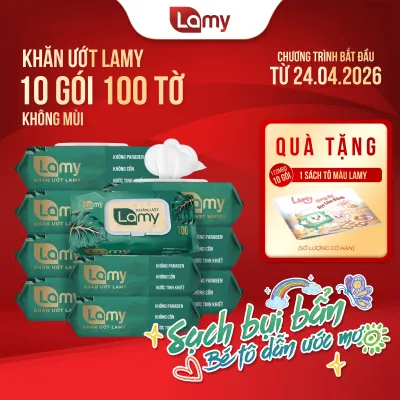 [LAMY OFFICIAL]_Thùng 10 khăn ướt Lamy không mùi không cồn không parabens cao cấp cho bé gói 100 tờ