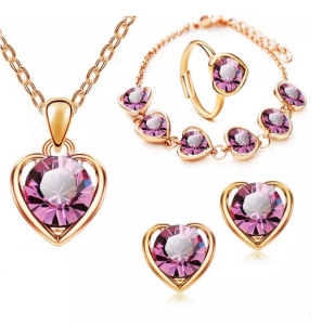 BESFOME 5pcs/Set Women Fashion Crystal Heart-shaped 18K Gold Set Necklace Earring Bracelet Ring Jewelry Set