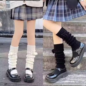2Pairs Japanese Style Knitted Stacked Socks Harajuku All-match Mid-calf Socks Y2k School Girl JK Bow Bobble Slouch Socks