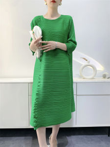 L-945F# One Size (45-75kg) Spring/Summer Organ Pleated 3/4 Sleeve Midi Elegant Pleated Dress