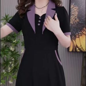 2024 Hàn Quốc Khí thời trang phong cách mới Hiển thị Slim Tuổi Giảm Đầm tay ngắn Tuổi Trung Tuổi quần áo dành cho bà mẹ cỡ lỡn Ve Áo Dresses