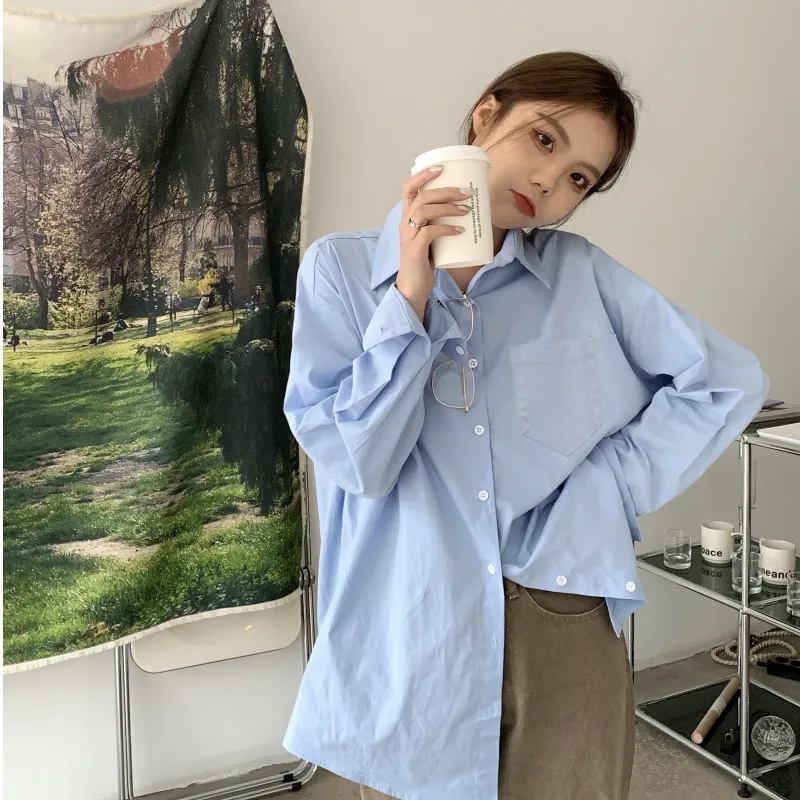 Blue Shirt Women Korean Style Loose Long Sleeve Girls Casual Blouse Top