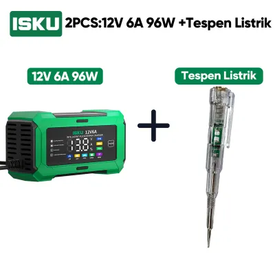 ISKU Intelligent Battery Charger Aki Mobil 12V6A Charger Cas Aki Mobil Motor 12V 6A 96W Pintar Otomatis Layar LCD Digital Alat Casan Baterai Kering Basah AGM GEL Lithium Pulse Repair Servis Aki Soak Anti Konslet Aksesoris Perawatan Kendaraan