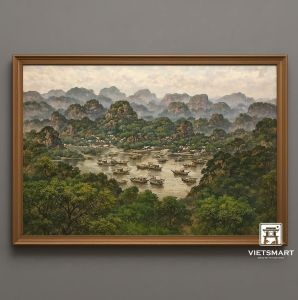 Tranh Nghệ thuật "Vịnh Hạ Long Và Những Con Thuyền" VIETSMART ART - Sơn dầu trên toan vải 60 x 90cm
