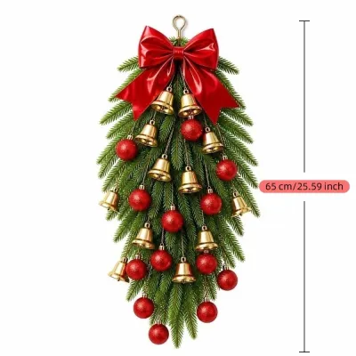 GS With Bow and Baubles Christmas Teardrop Wreath Gold Bell DIY Bell Swag Wreath Artificial Pine Wreath Christmas