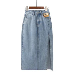 New Jeans Kembali Split Rok Jeans Wanita korea Rok Midi Denim Fashion A-line Highwaist Biru Retro
